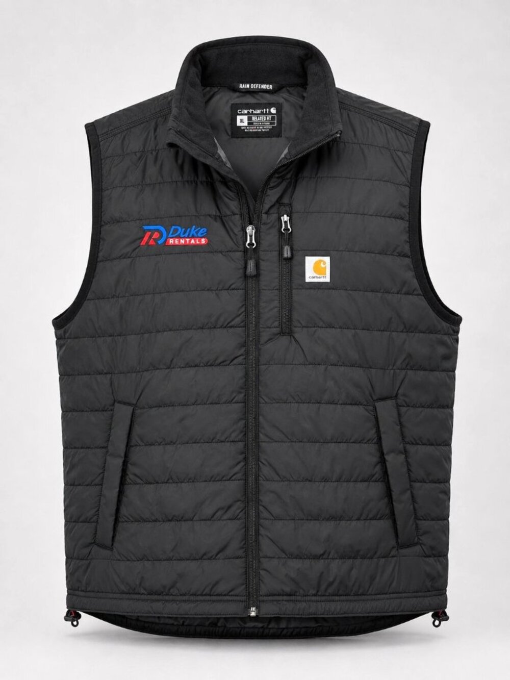Carhartt Mens XL Vest Black Puffer Rain Defender Relaxed Fit w Duke Rentals Logo